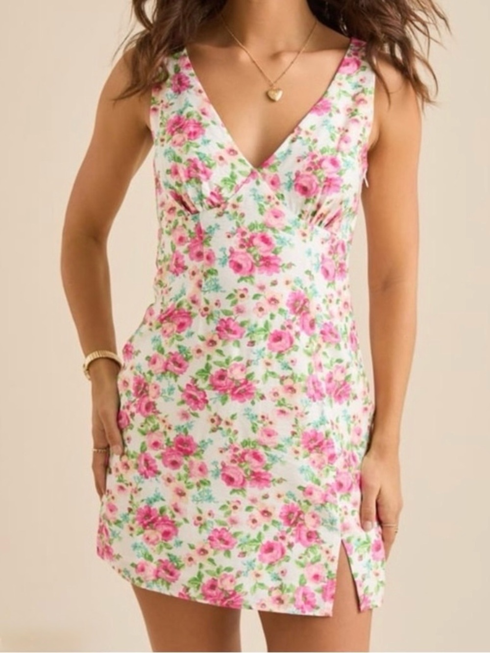 NWOT Altar’d State Pink Floral V-Neck Mini Dress Junior Size Medium